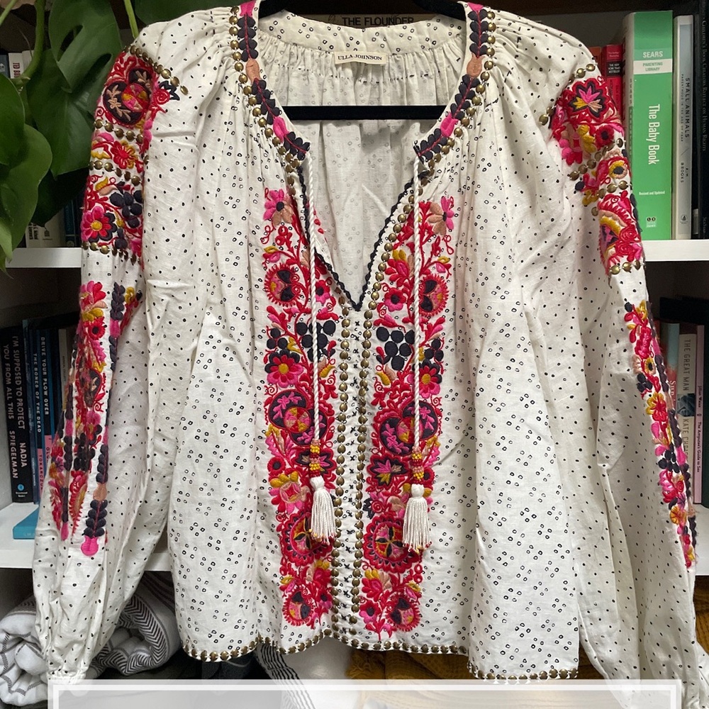 Ulla Johnson Floral Embroidered Blouse in White and Pink